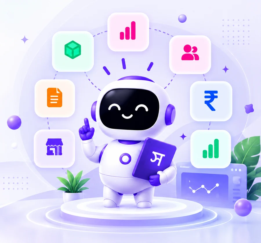 Sahayak AI robot assistant with stock, sales, customers, invoice, baki and report icons